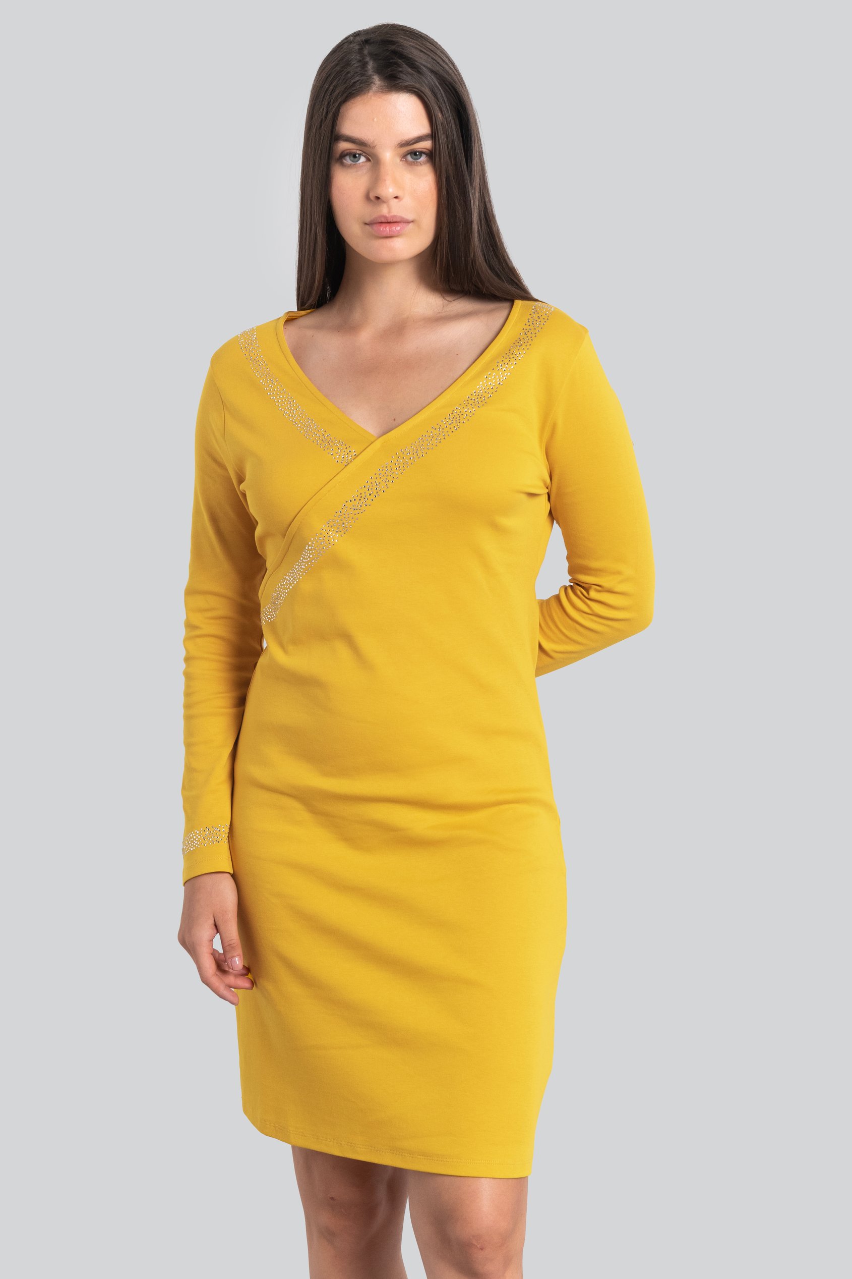 Enorsia Women's Yellow Embellished V-Neck Jersey Mini Dress - Uk 14