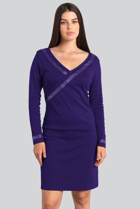 Womens Purple Full Sleeve Embroidered Wrap Dress