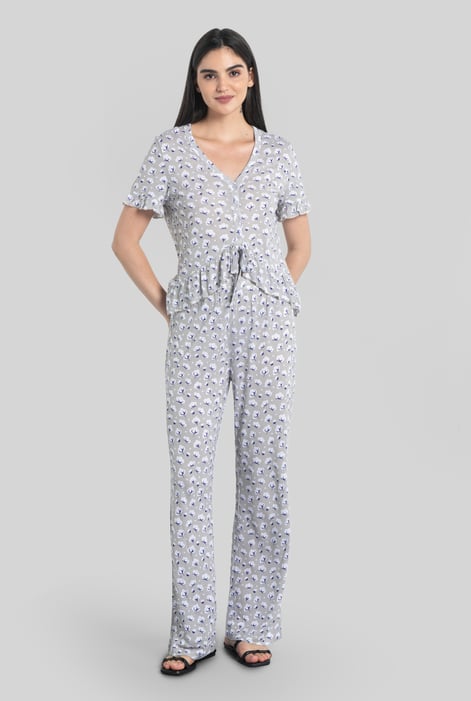 Cream Short Ruffle Sleeve Cotton Printed Pyjamas Set