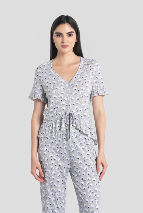 Grey Short Ruffle Sleeve Cotton Printed Pyjamas Set