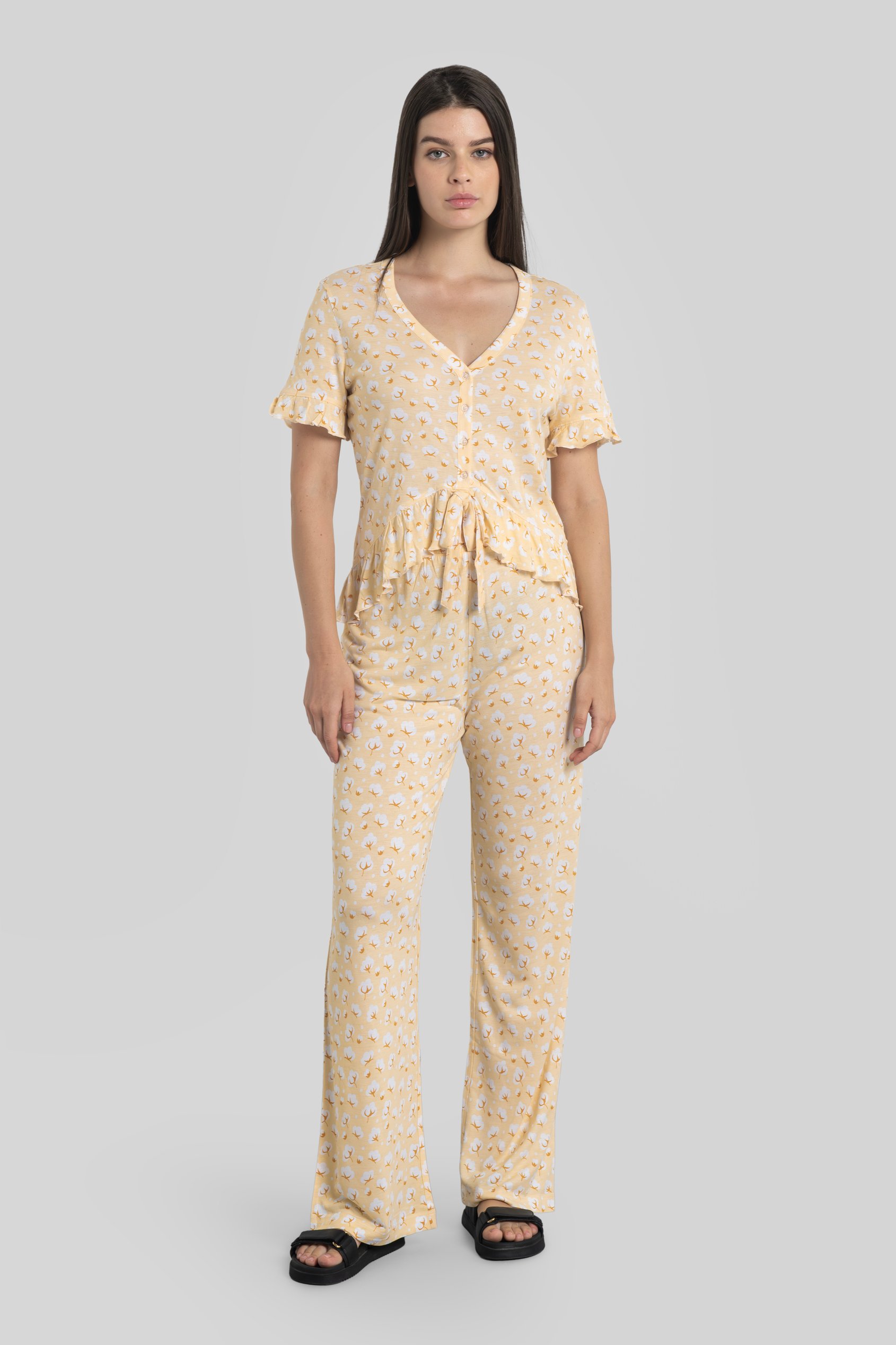 Short Ruffle Sleeve Cotton Printed Pyjamas Set