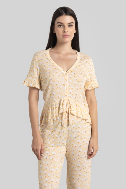 Short Ruffle Sleeve Cotton Printed Pyjamas Set