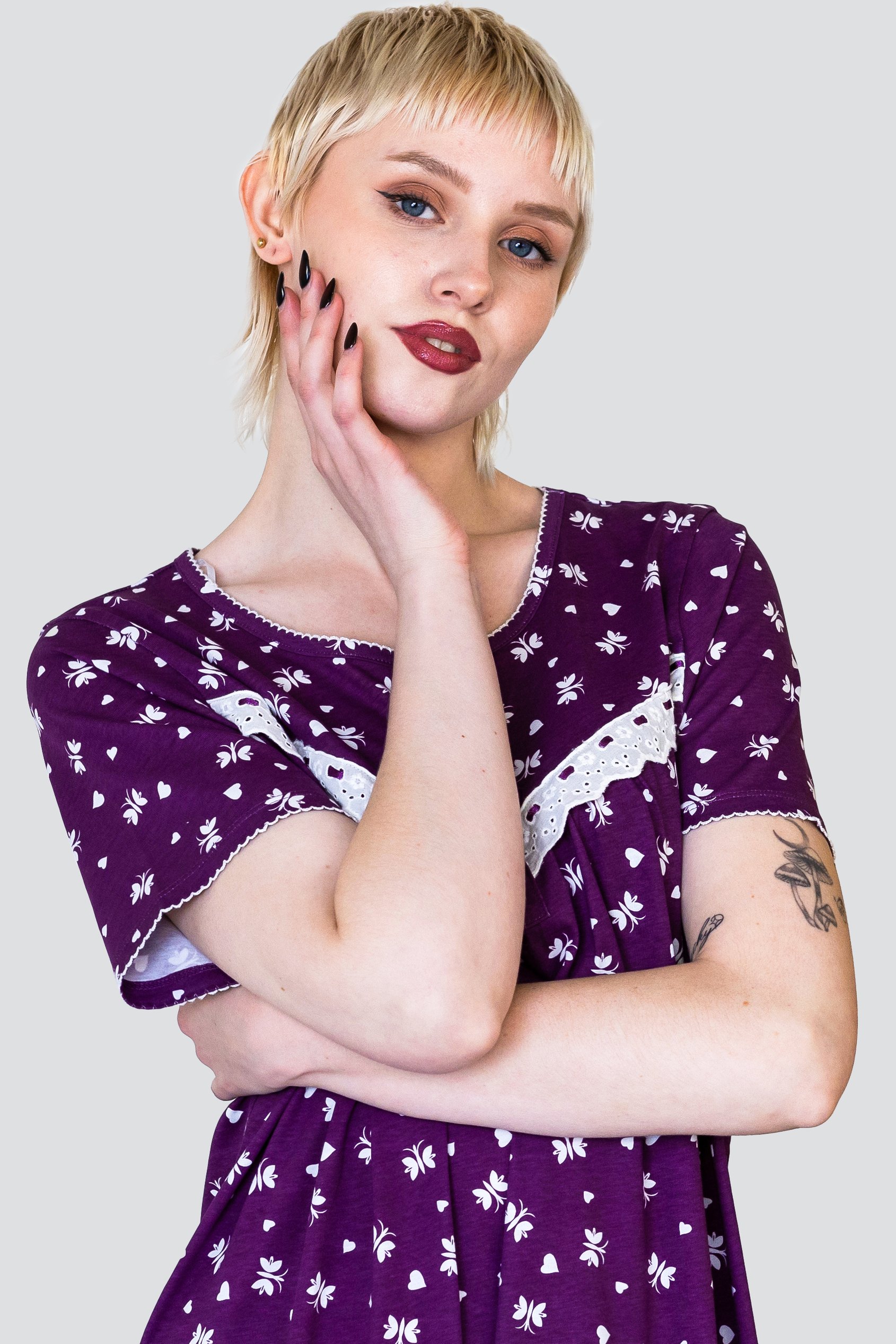 Butterfly Printed S/S Nightwear With Lacetrims