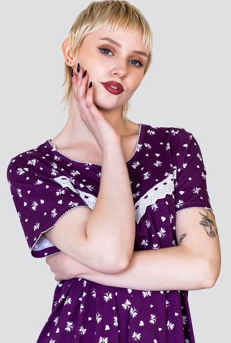Purple Butterfly Printed S/S Nightwear With Lacetrims