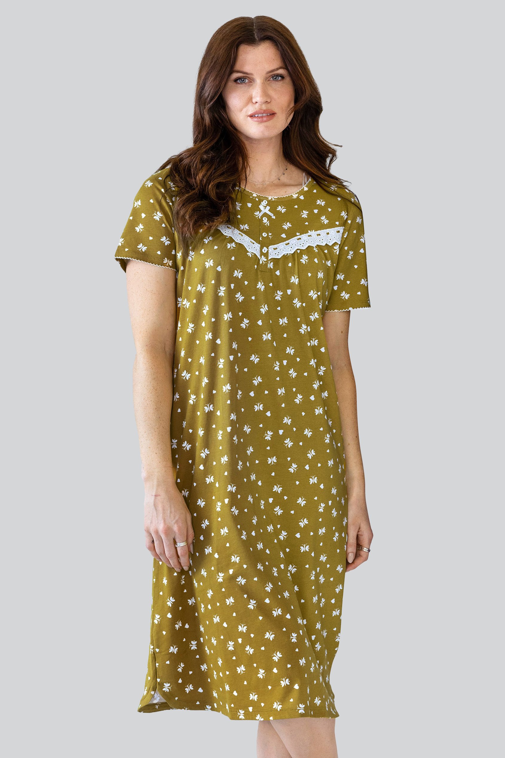 Enorsia Women's Mustard Butterfly Printed S/S Nightwear With Lacetrims - Uk 10