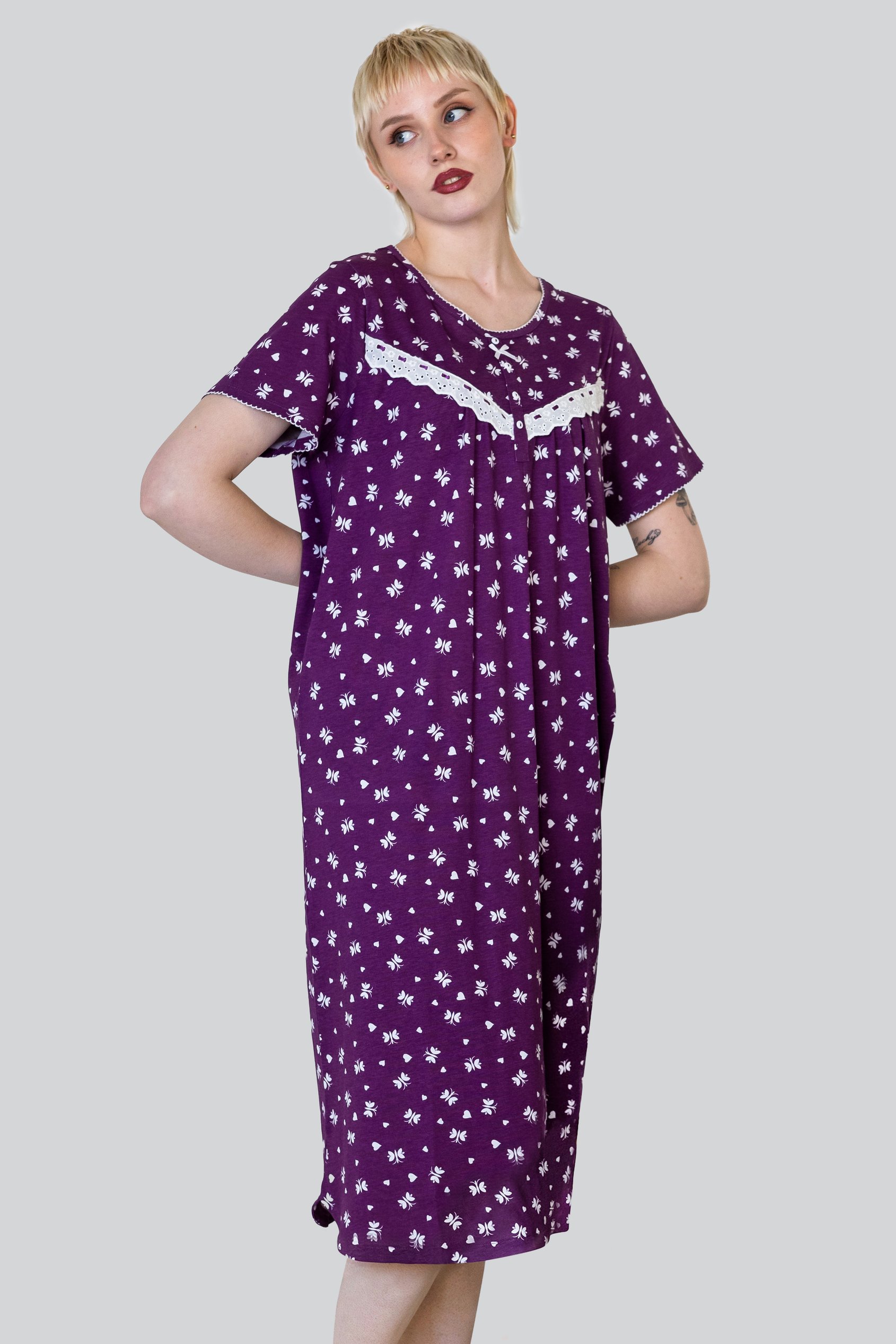 Butterfly Printed S/S Nightwear With Lacetrims