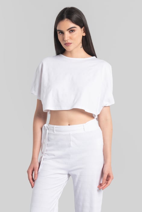 White Wide Trouser And Crop Blouson Sleeve Top Set
