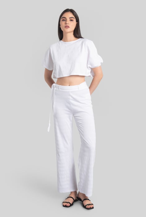 White Wide Trouser And Crop Blouson Sleeve Top Set