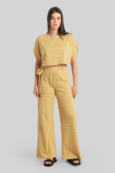 Yellow Wide Trouser And Crop Blouson Sleeve Top Set