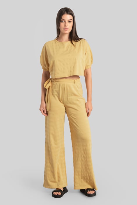 White Wide Trouser And Crop Blouson Sleeve Top Set