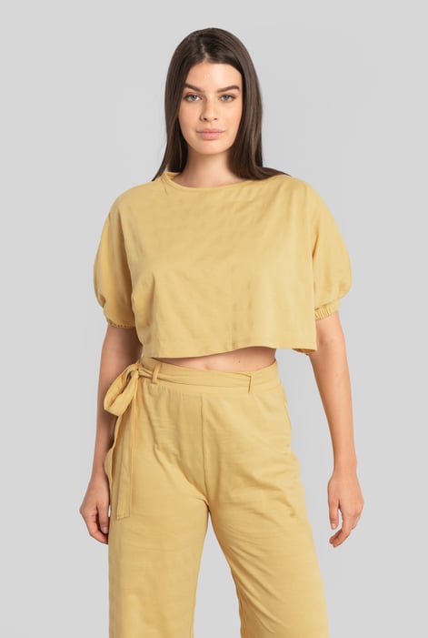 Yellow Wide Trouser And Crop Blouson Sleeve Top Set