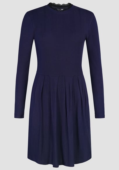 Ribbed Jersey Mini Dress With Lace Neck