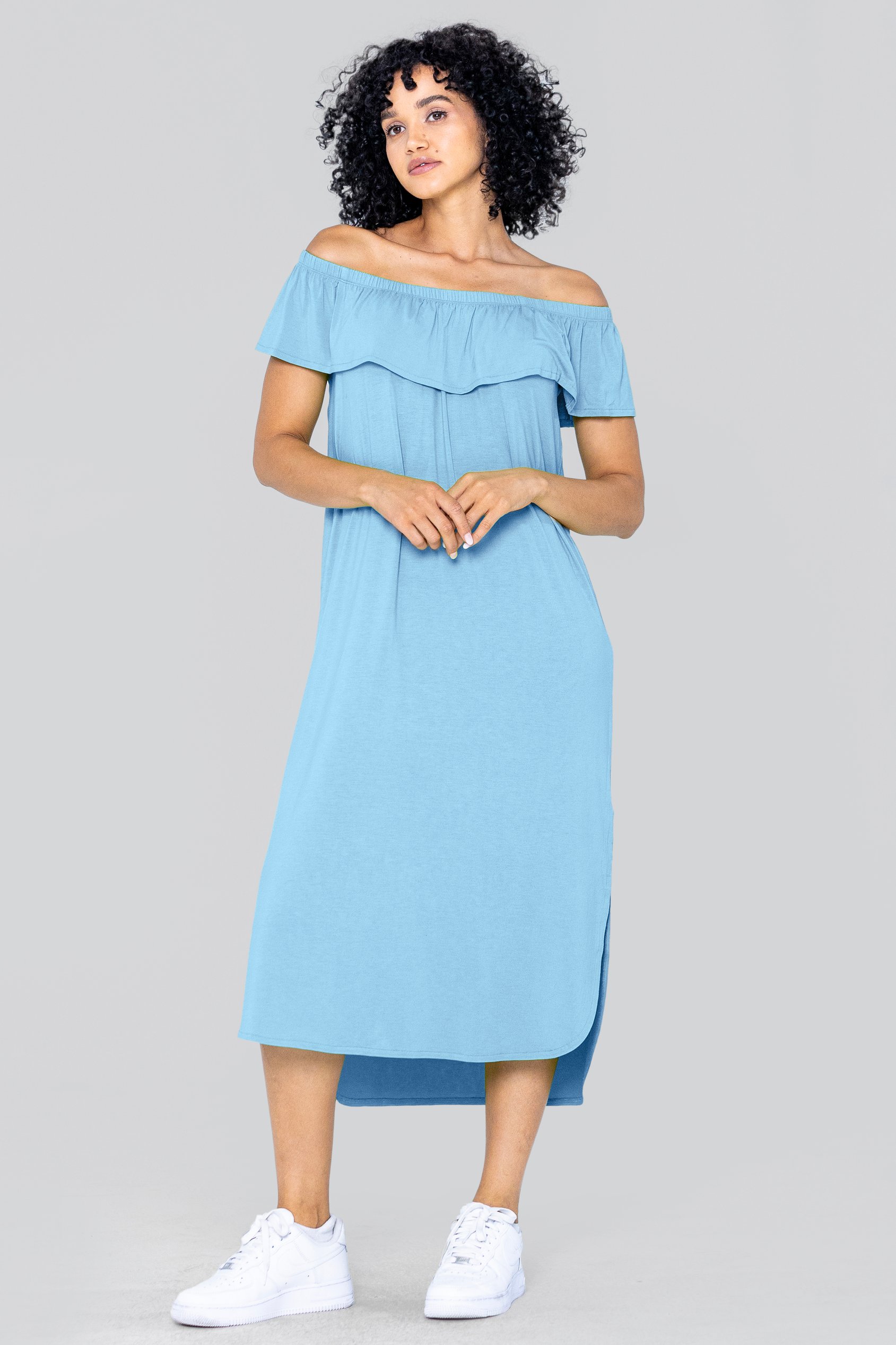 Enorsia Women's Blue Off Shoulder Ruffle Jersey Dress - Uk 18