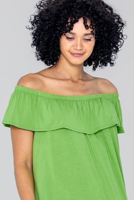 Green Off Shoulder Ruffle Jersey Dress
