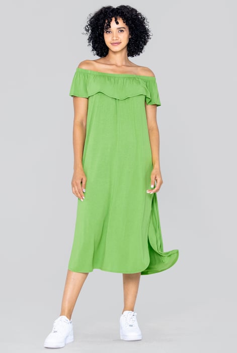 Green Off Shoulder Ruffle Jersey Dress