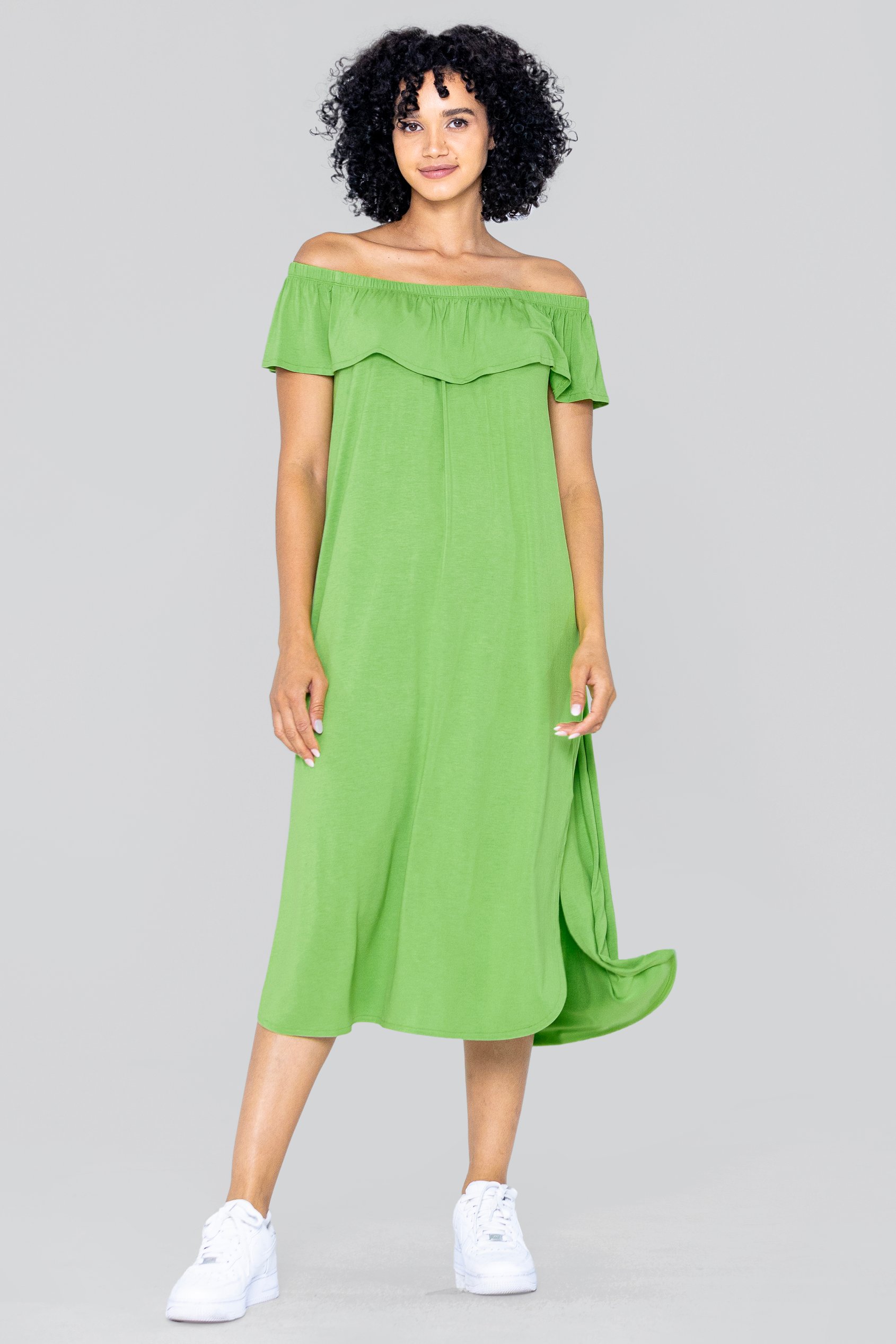 Enorsia Women's Green Off Shoulder Ruffle Jersey Dress - Uk 18