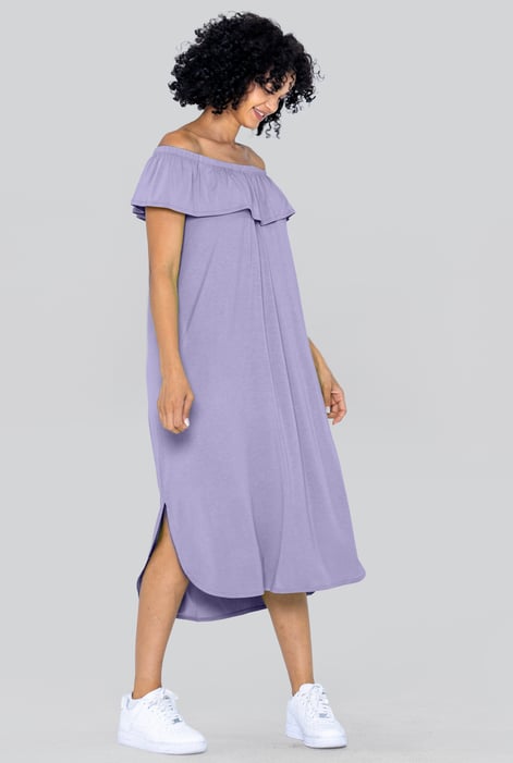 Purple Off Shoulder Ruffle Jersey Dress