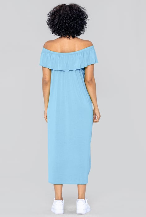 Blue Off Shoulder Ruffle Jersey Dress
