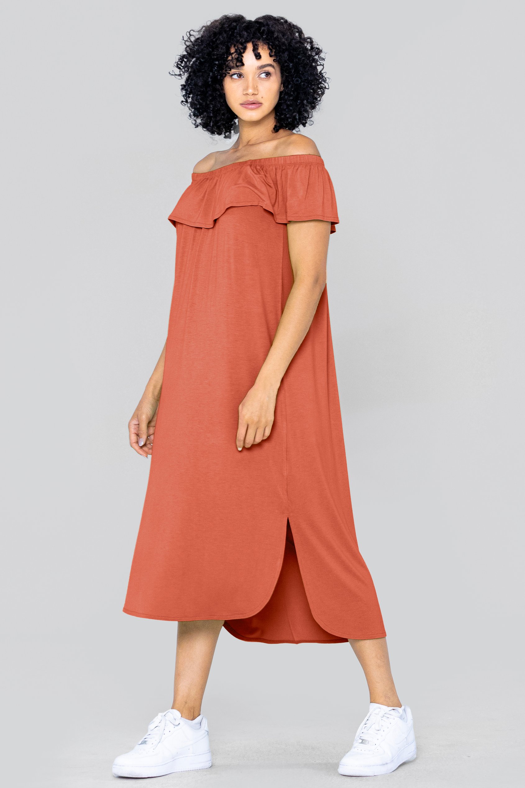 Off Shoulder Ruffle Jersey Dress