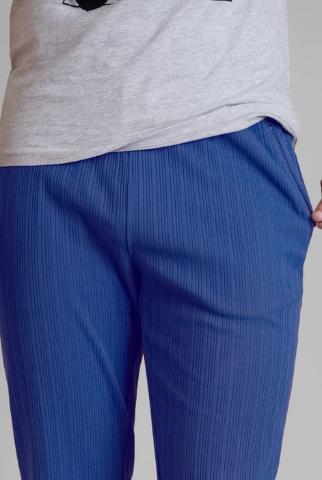 Blue Ribbed Jersey Slim Fit Zip Pockets Joggers