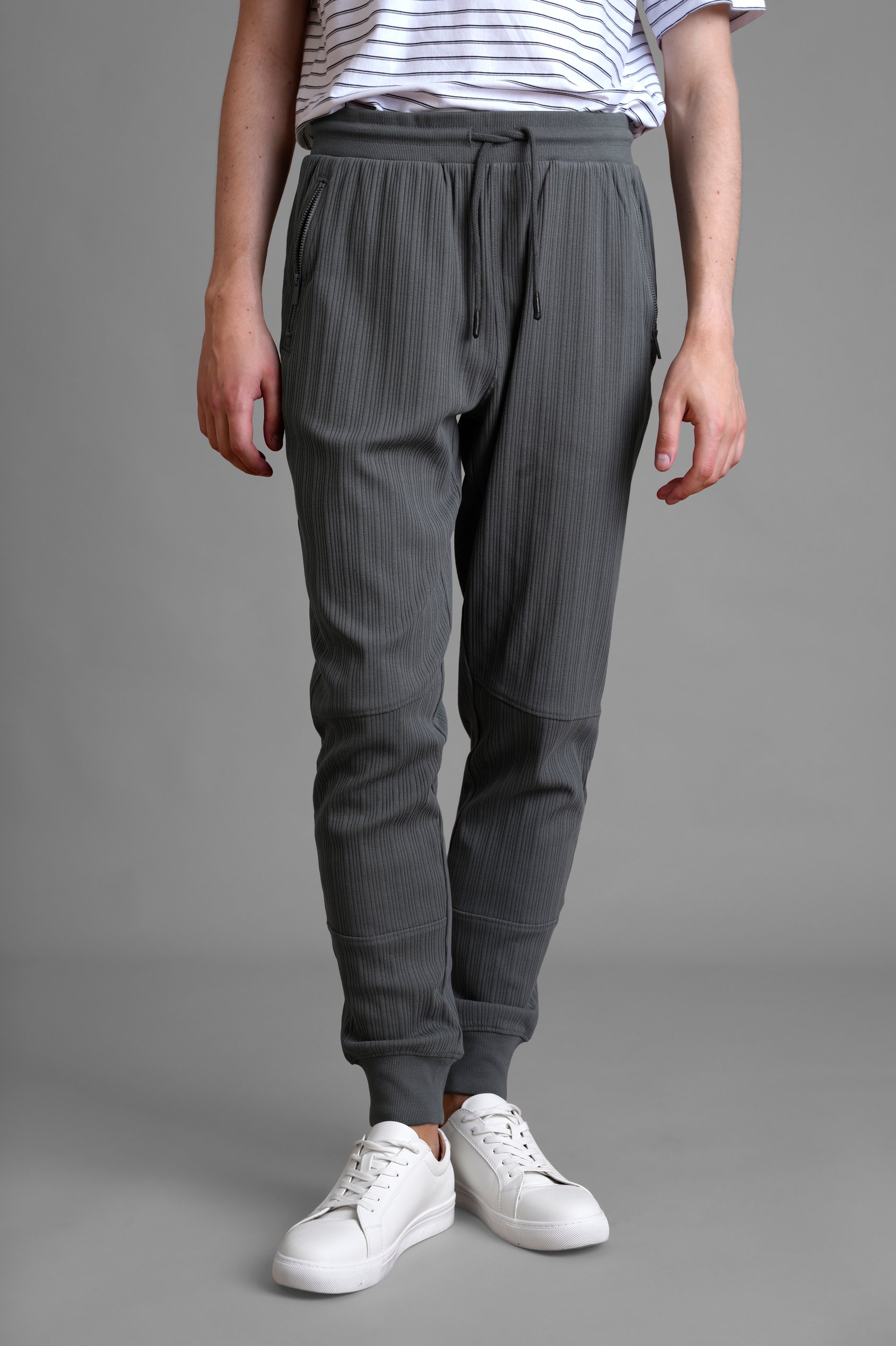Enorsia Men's Grey Ribbed Jersey Slim Fit Zip Pockets Joggers - Uk Xl