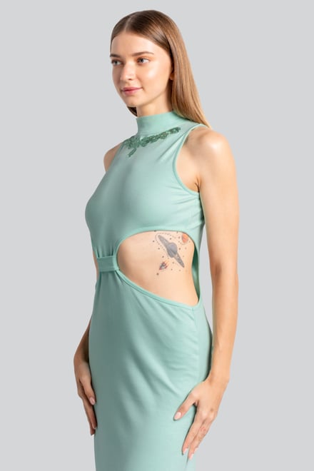 Sequin Embroidered Cut Out Waist Maxi Dress