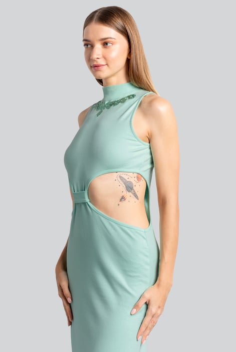 Green Sequin Embroidered Cut Out Waist Maxi Dress