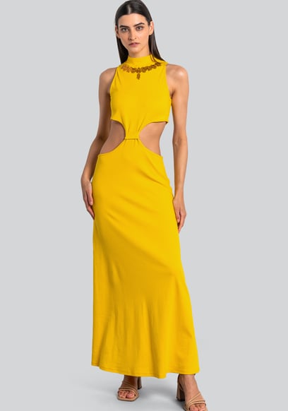 Sequin Embroidered Cut Out Waist Maxi Dress