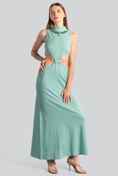 Green Sequin Embroidered Cut Out Waist Maxi Dress