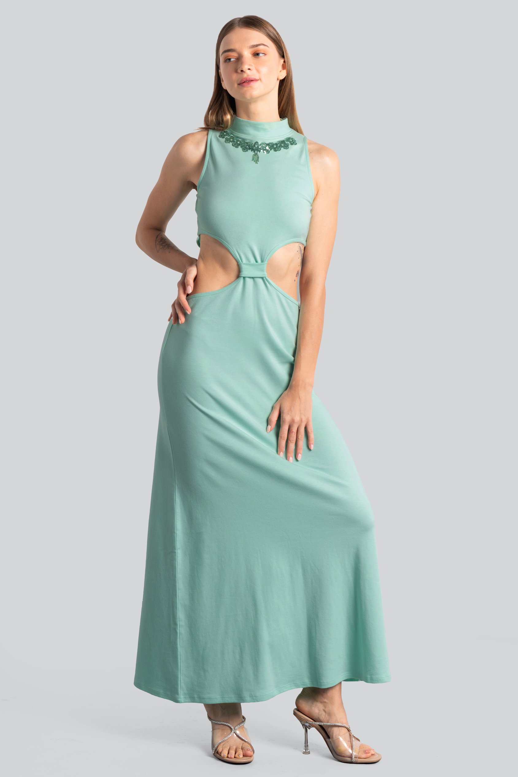 Enorsia Women's Green Embellished High Neck Cut Out Maxi Dress - Uk 18