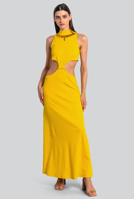 Green Sequin Embroidered Cut Out Waist Maxi Dress