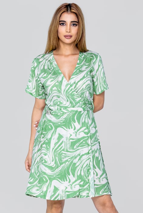 Green Fluid Print Wrap Dress