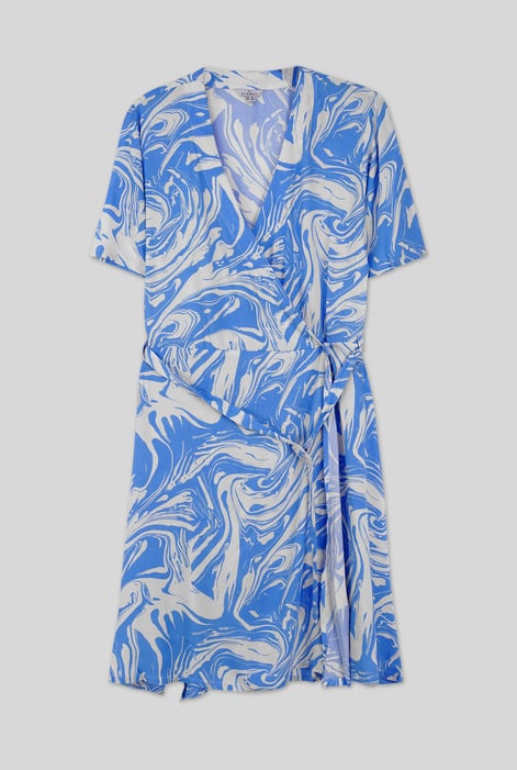 Blue Fluid Print Wrap Dress