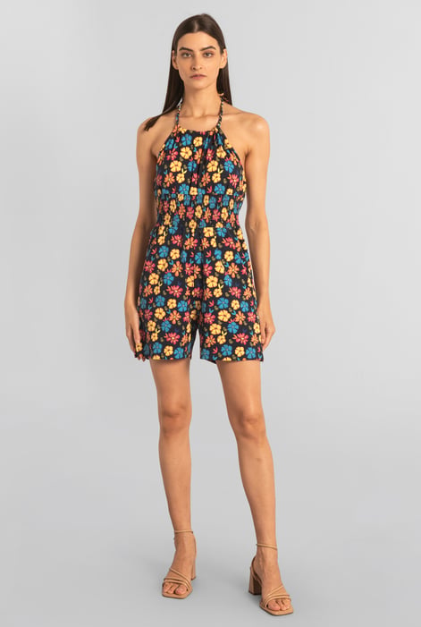 Pink Smocked Waist Floral Printed Playsuit