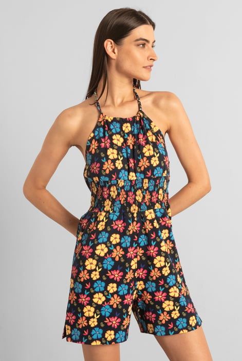 Black Smocked Waist Floral Printed Playsuit