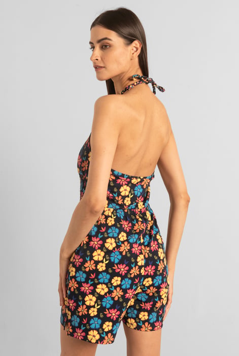 Black Smocked Waist Floral Printed Playsuit
