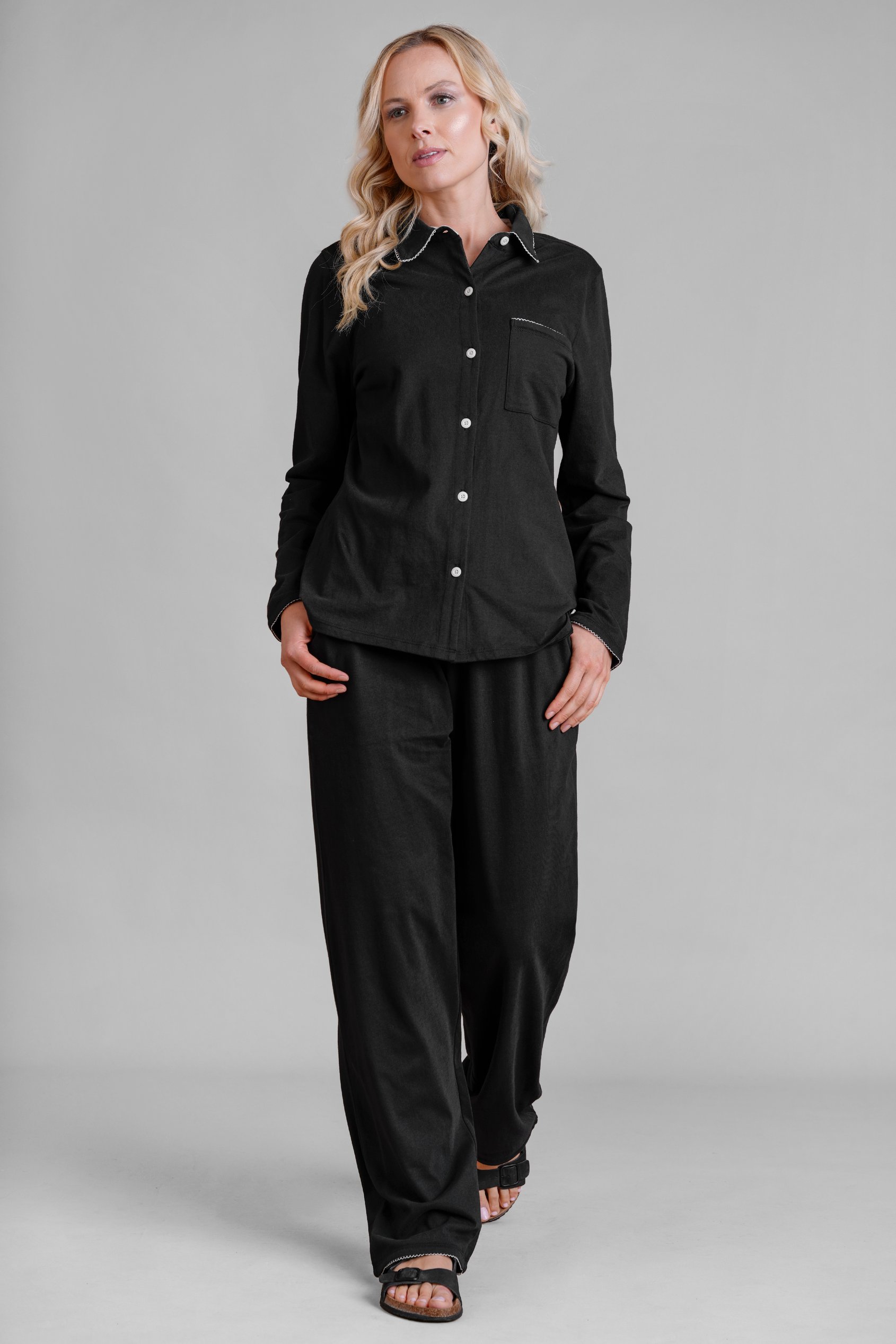 Enorsia Women's Black 100% Cotton Solid Long Sleeve Shirt And Trouser Set - Uk 18