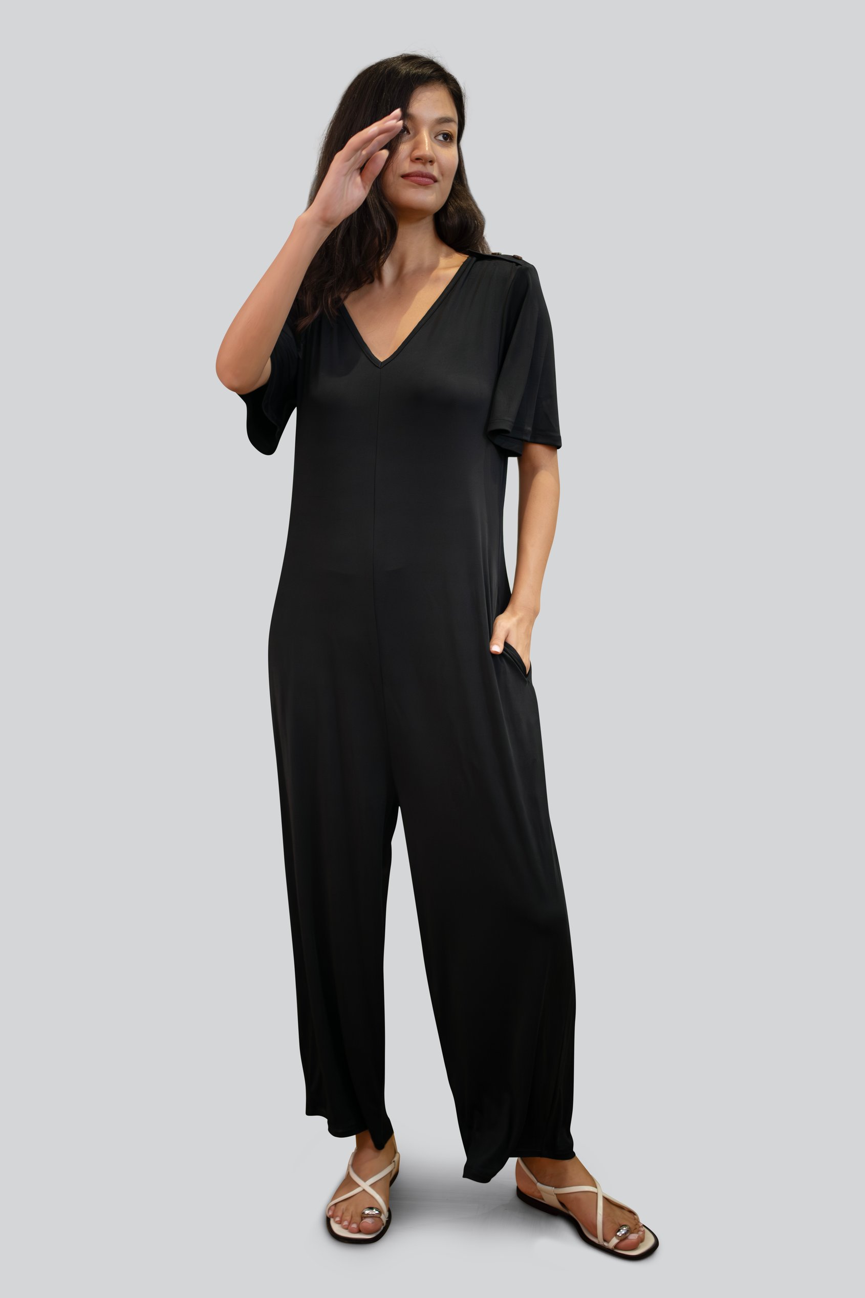 Enorsia Women's Black Ankle Length Wide Leg Jumpsuit - Uk 18