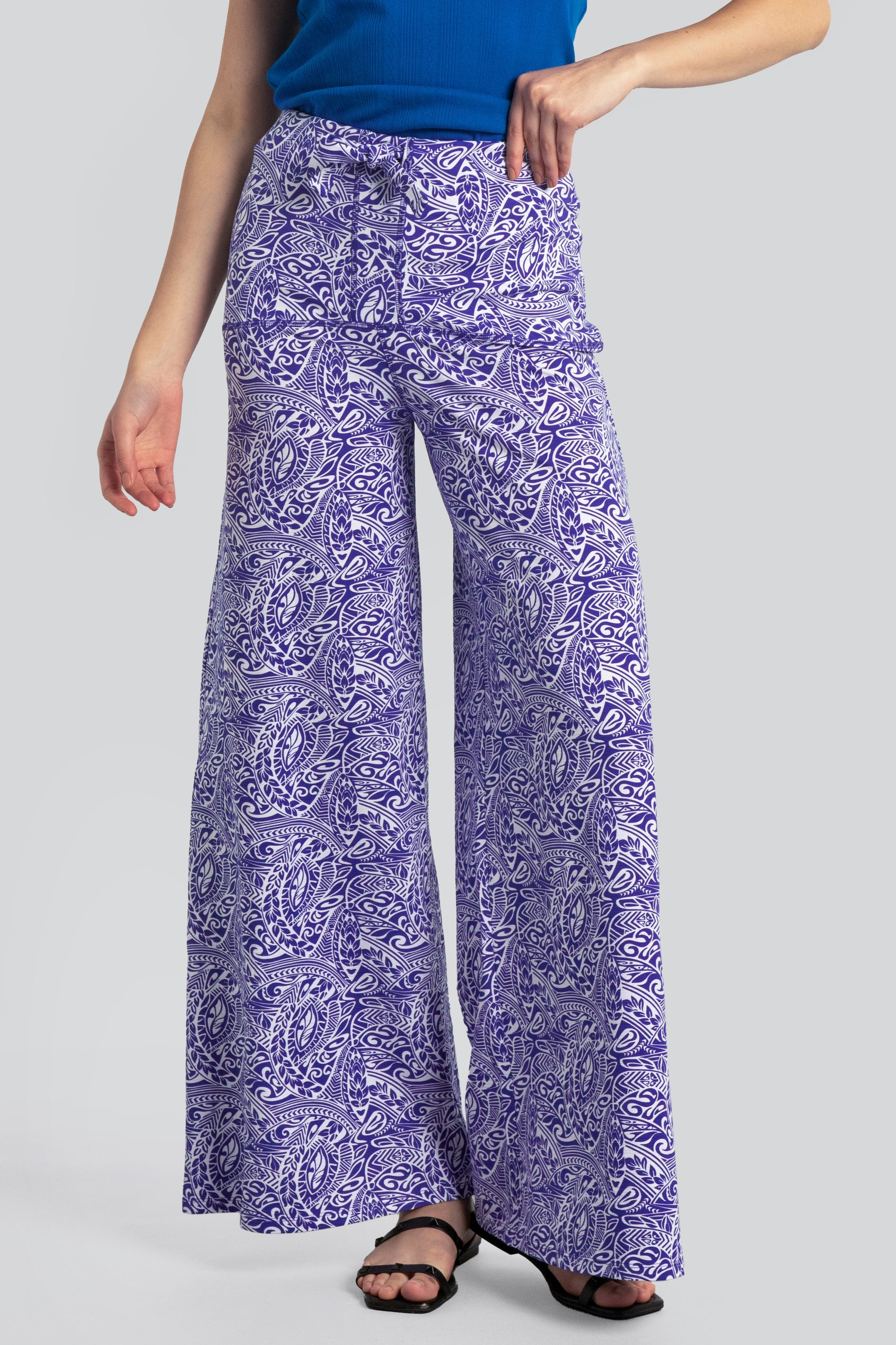 Enorsia Women's Blue Paisley Printed Wide Leg Trouser - Uk 16