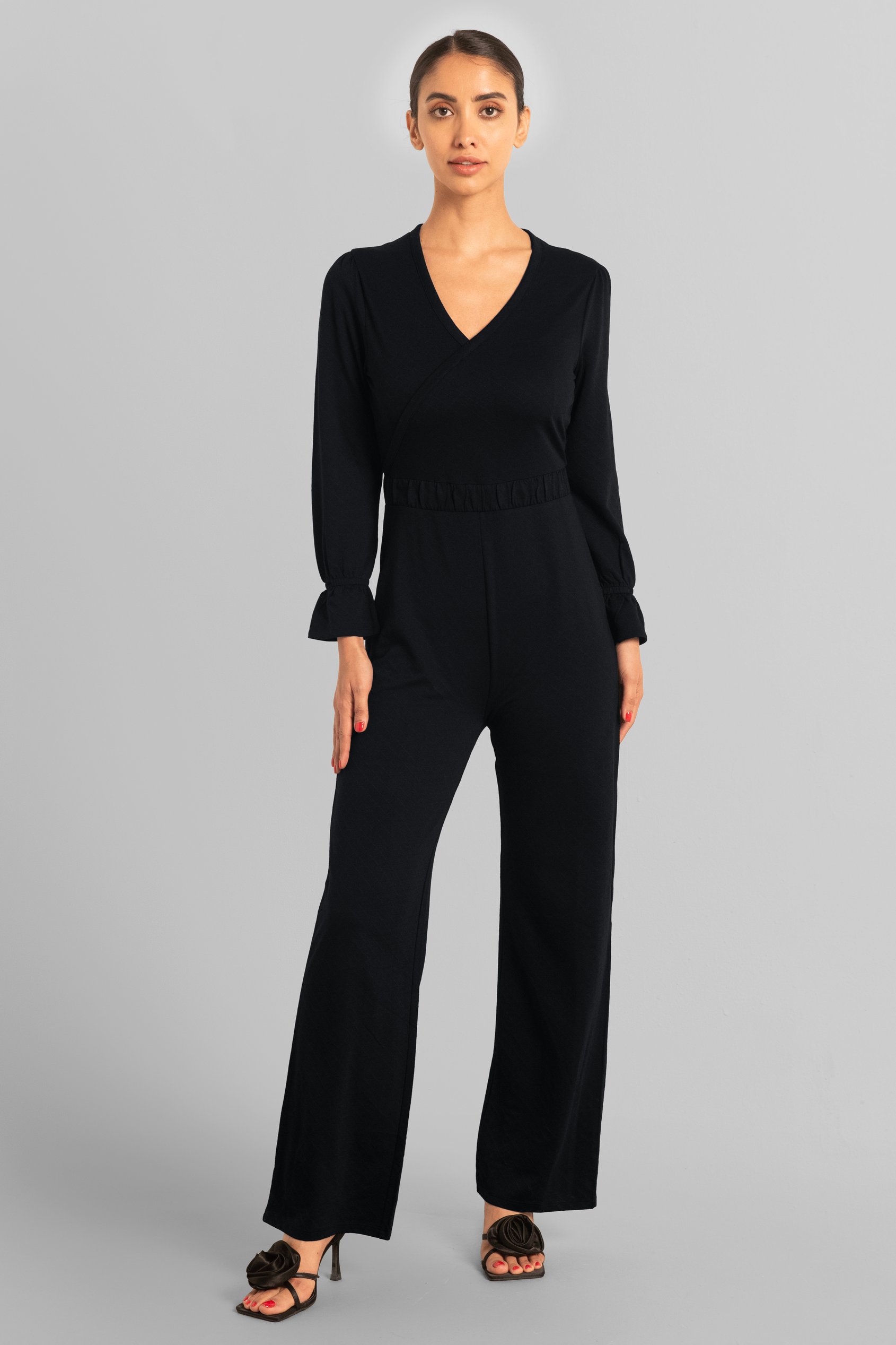 Women Long Sleeve Wrap Jumpsuit