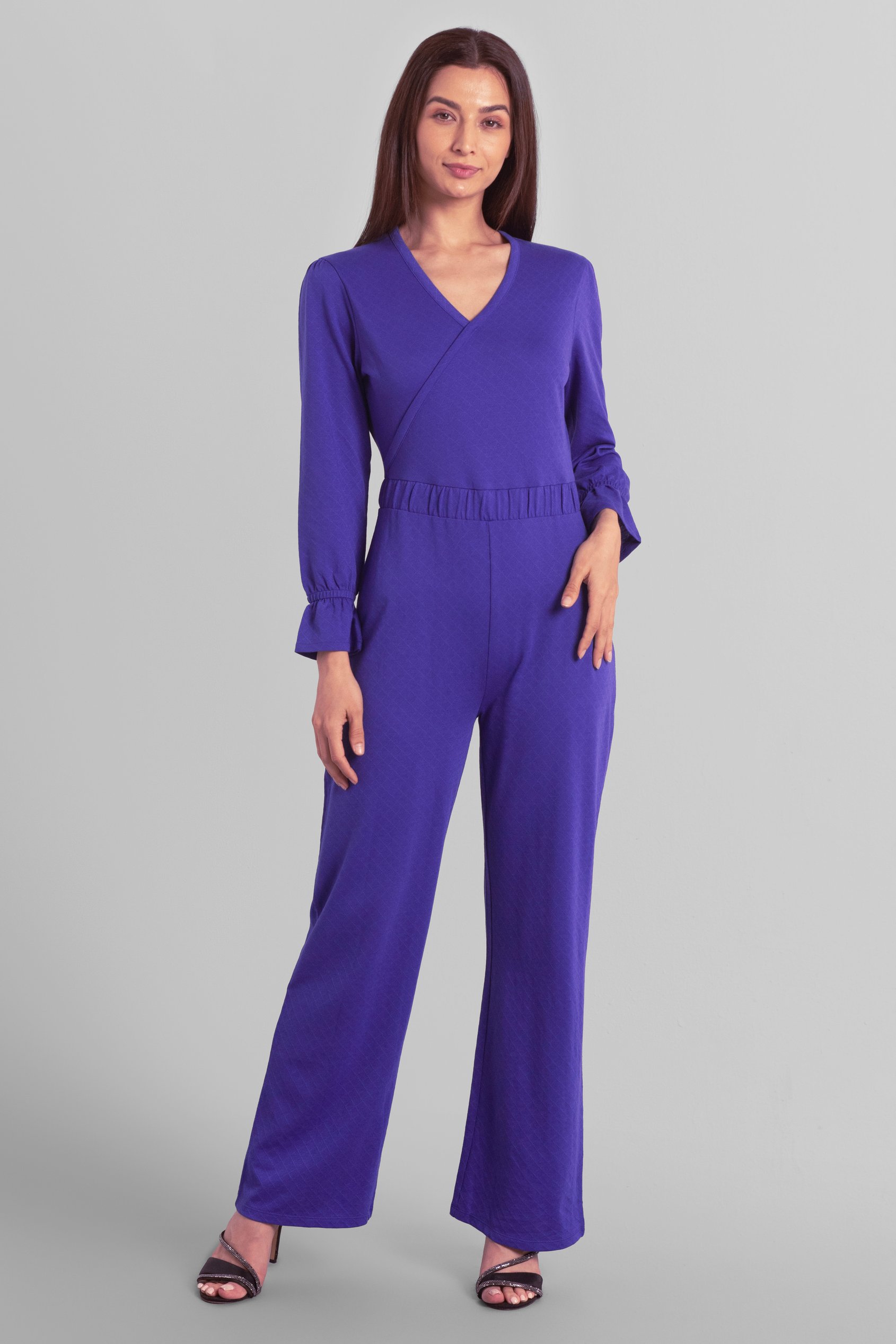 Enorsia Women's Blue Long Sleeve Wrap Jumpsuit - Uk 18