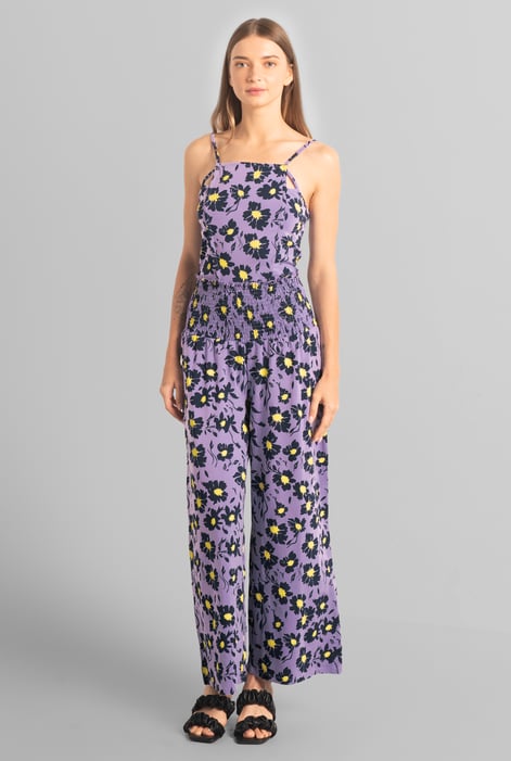 Purple Smocked Waist Floral Printed Jumpsuit
