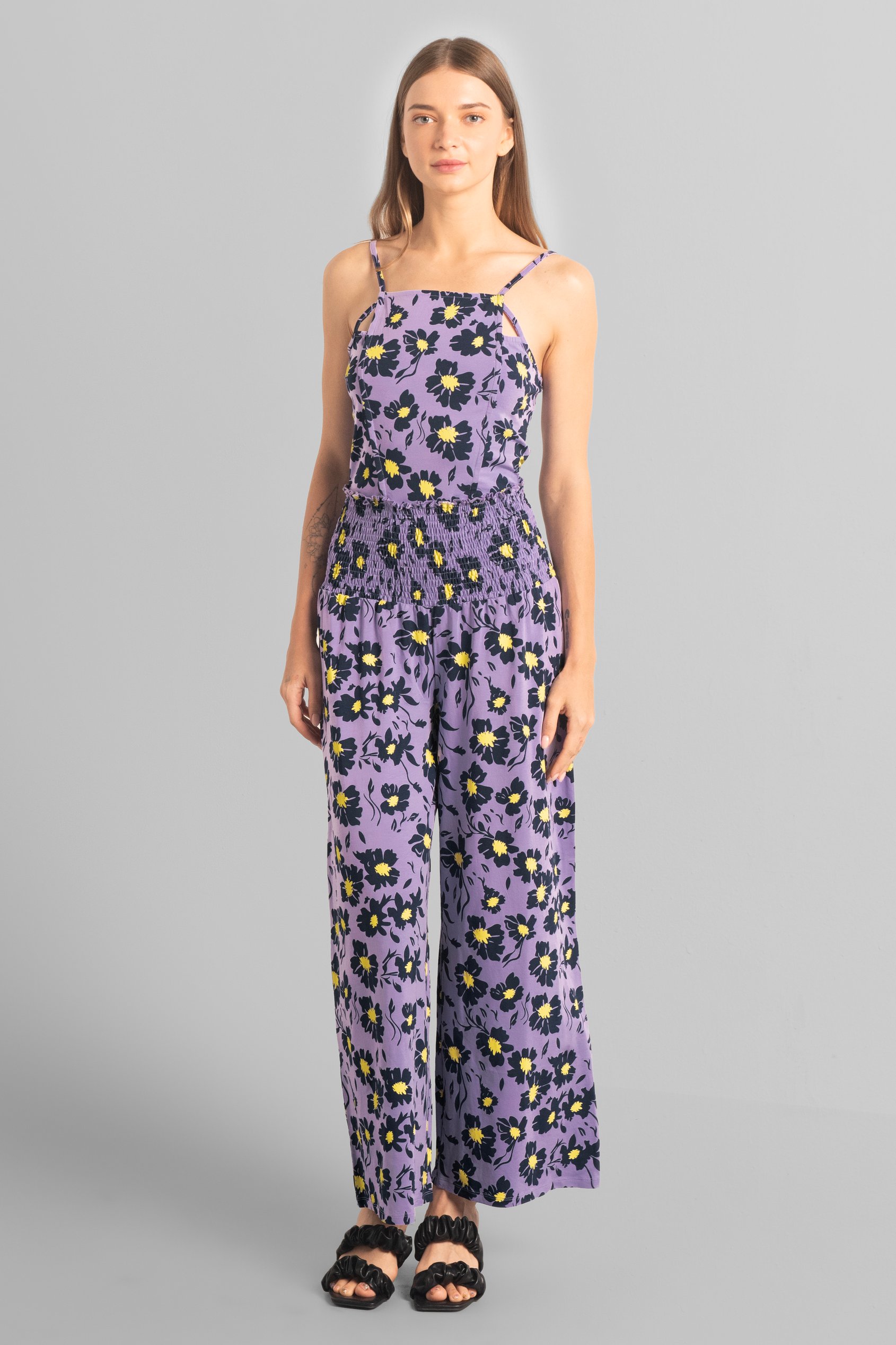 Enorsia Women's Purple Smocked Waist Floral Printed Jumpsuit - Uk 14