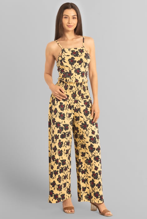 Purple Smocked Waist Floral Printed Jumpsuit