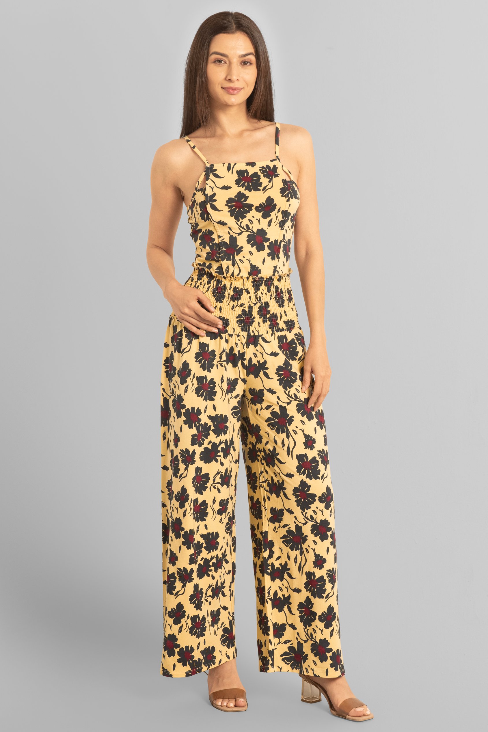 Enorsia Women's Yellow Smocked Waist Floral Printed Jumpsuit - Uk 18