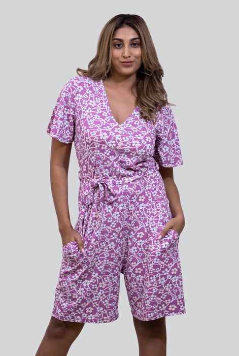 Womens Pink Daisy Floral Print Ribbed Playsuit