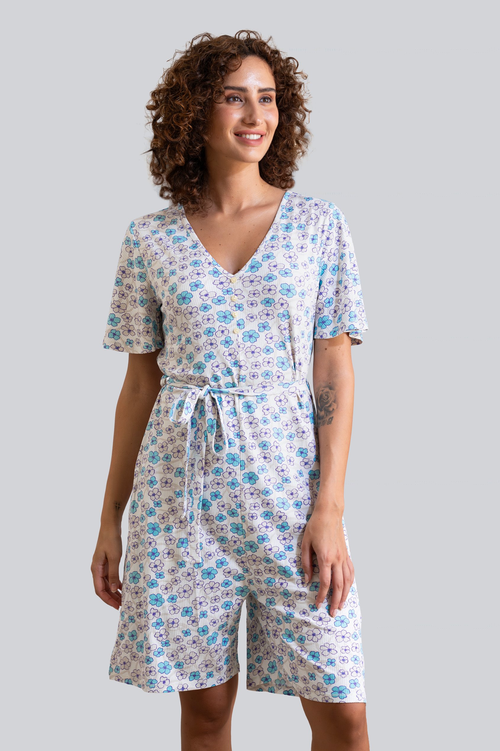 Womens Daisy Floral Print Ribbed Playsuit