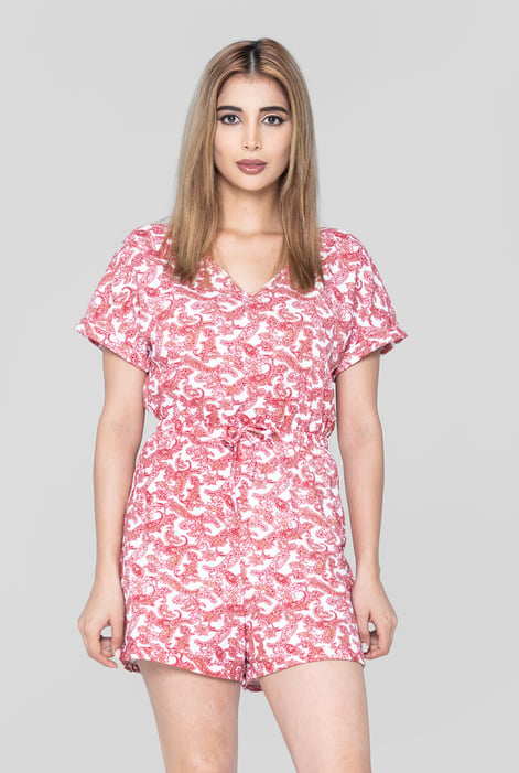Red Roll up Sleeves AOP Play Suit