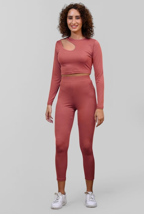 Cream Ribbed Crop Top & High Waist Leggings Set