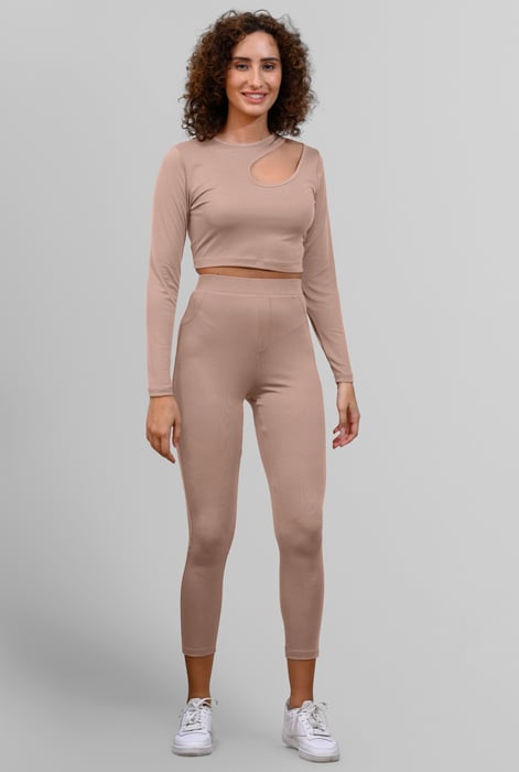 Cream Ribbed Crop Top & High Waist Leggings Set